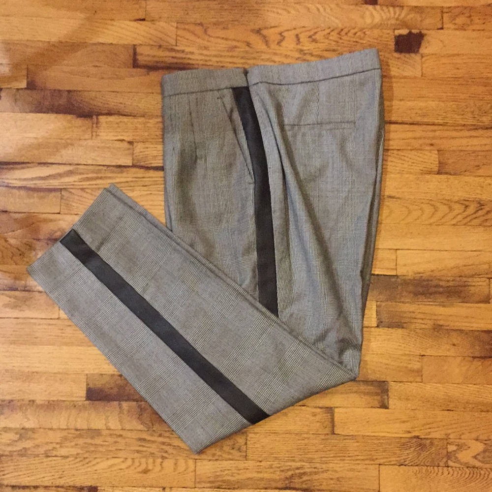 Black and white dress pants with leather stripe